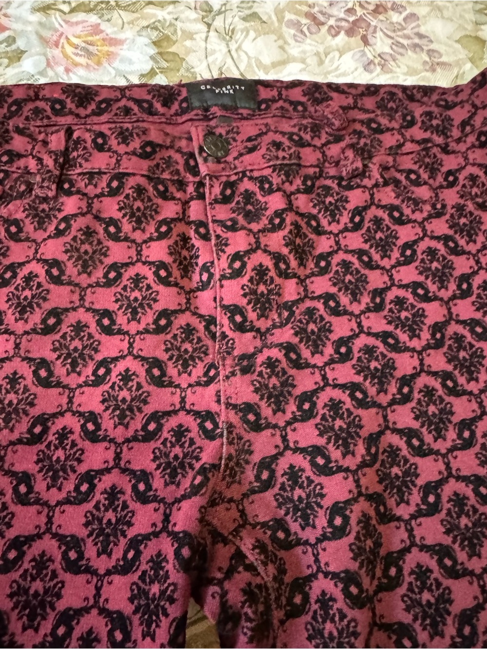 Celebrity Pink 15/32 Burnt Red Black Flocked Damask Skinny Pants Goth - Picture 8 of 10
